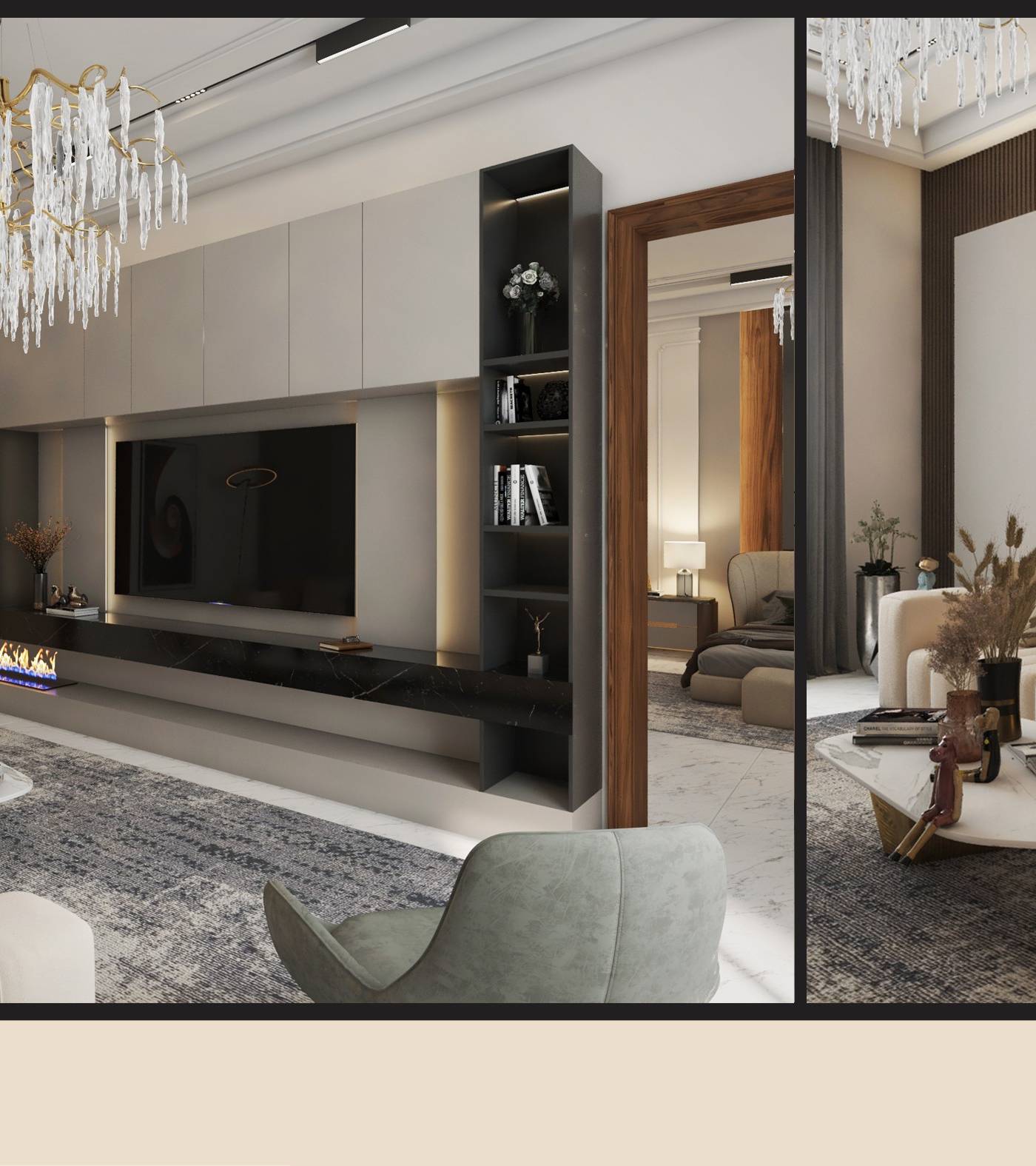 3D render of a living room design concept for a Dubai villa, with a cream L-shaped sofa, white marble coffee table with a gold base, and an illuminated media wall with a linear fireplace