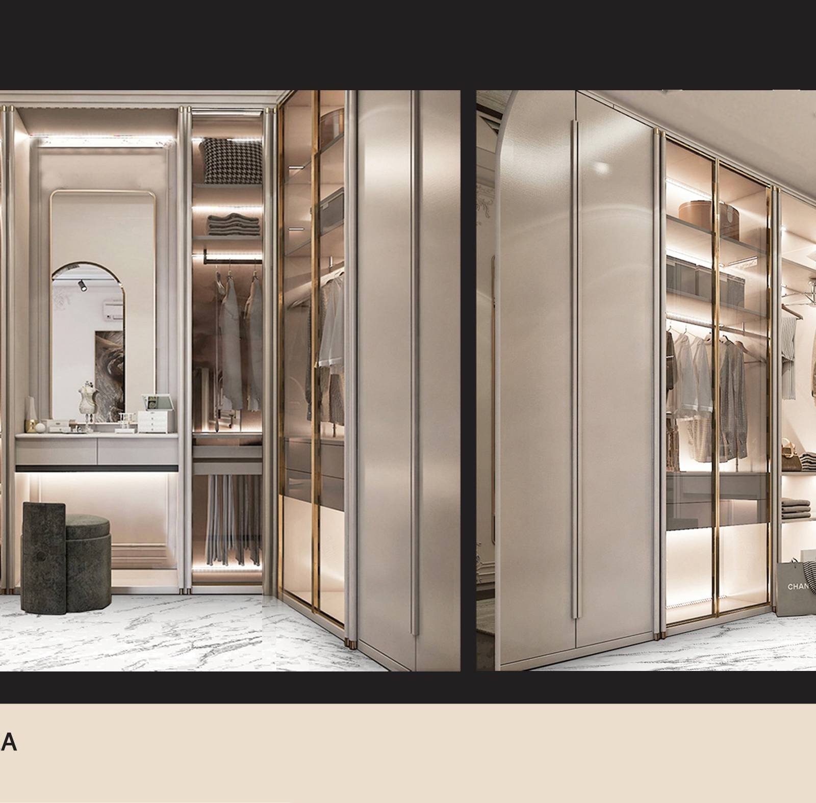 3D visualization of a master bedroom dressing area with bespoke illuminated wardrobes