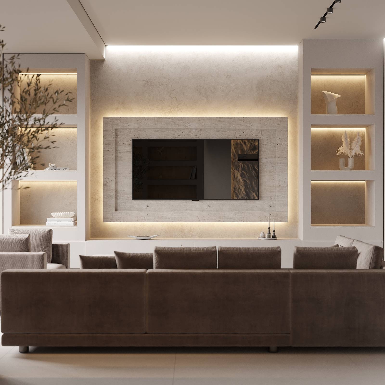 Modern living room with custom joinery and aluminium glass work — Danat Al Dhafra portfolio