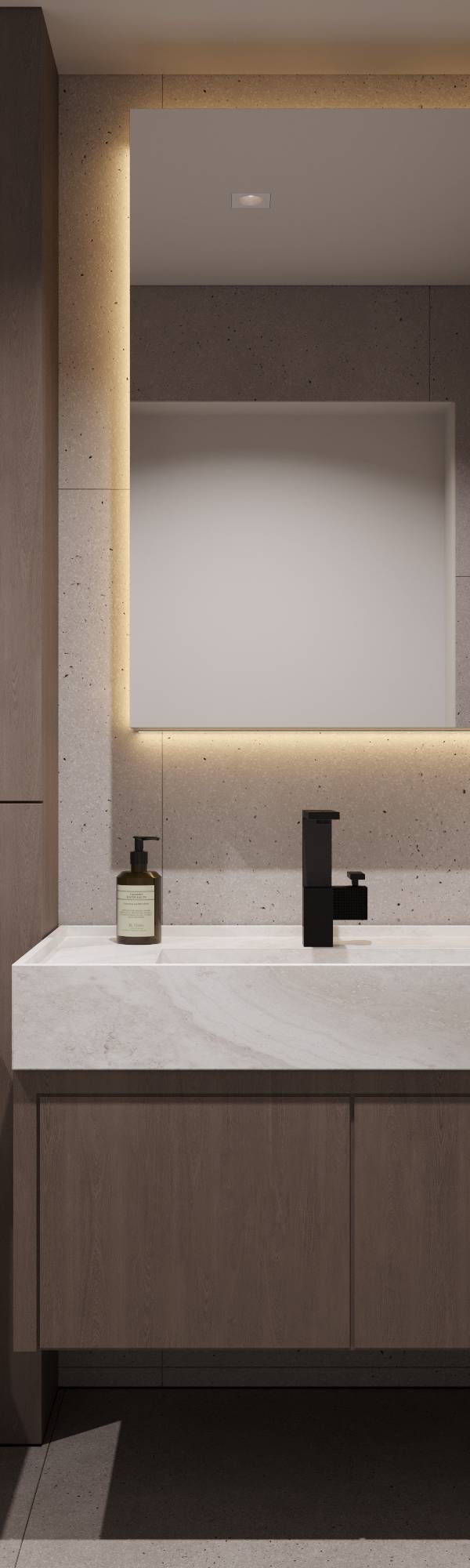 Modern bathroom with dark wood vanity and marble
