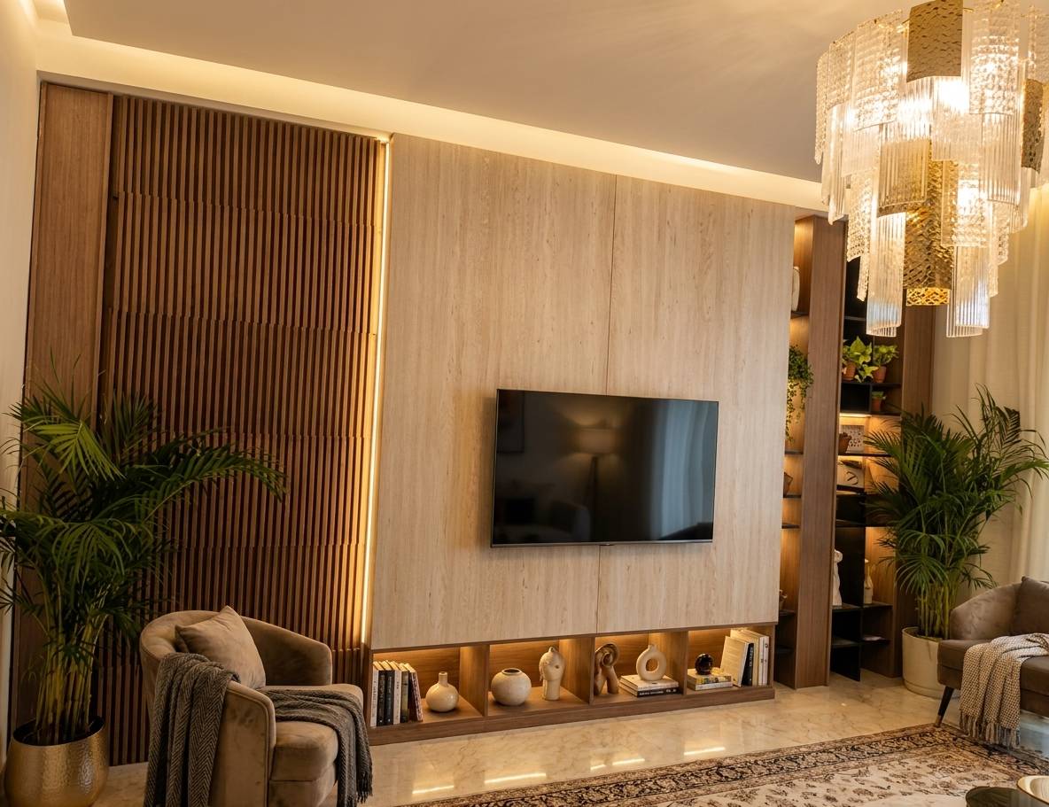 Modern luxury living room with wood paneling and warm lighting