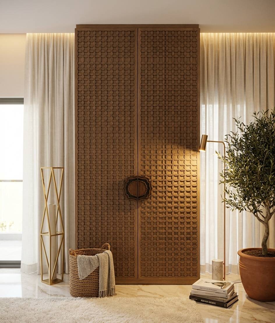 Warm Dubai hallway with geometric wooden accent wall, sheer curtains and marble floor by Noor al Sundus in Palm Jumeirah