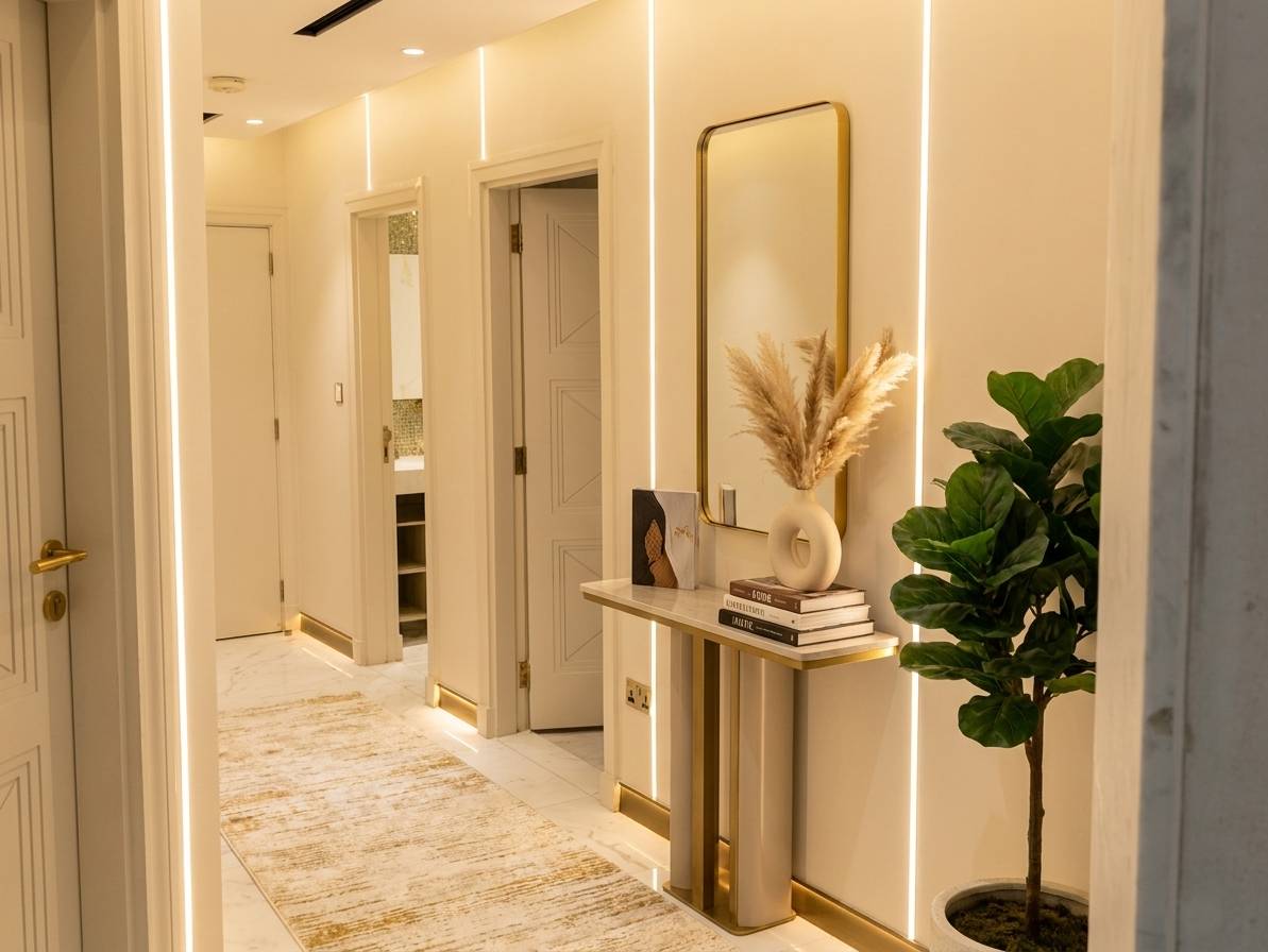 Finished hallway in a Dubai villa renovated with warm linear lighting and a console table
