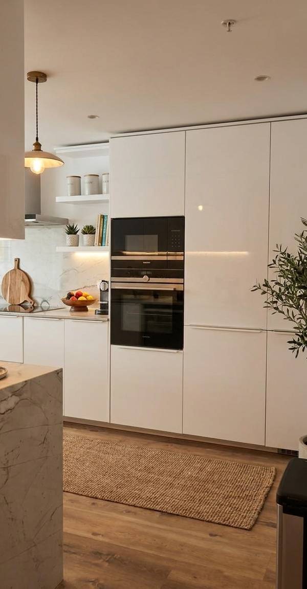 Bright modern kitchen with white cabinetry and marble island