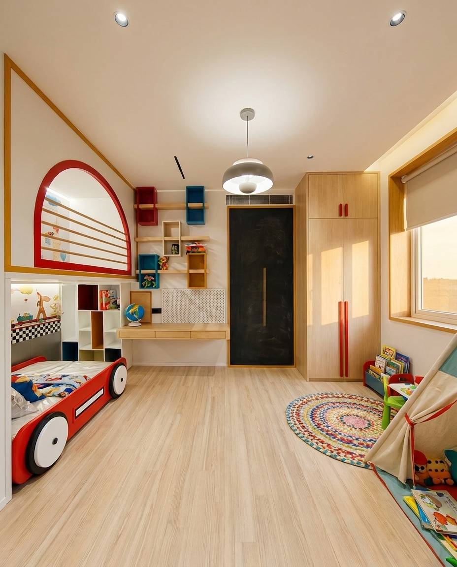 A bright modern child's bedroom with a car shaped bed, custom bunk bed, colourful modular shelving, wooden desk, and play tent