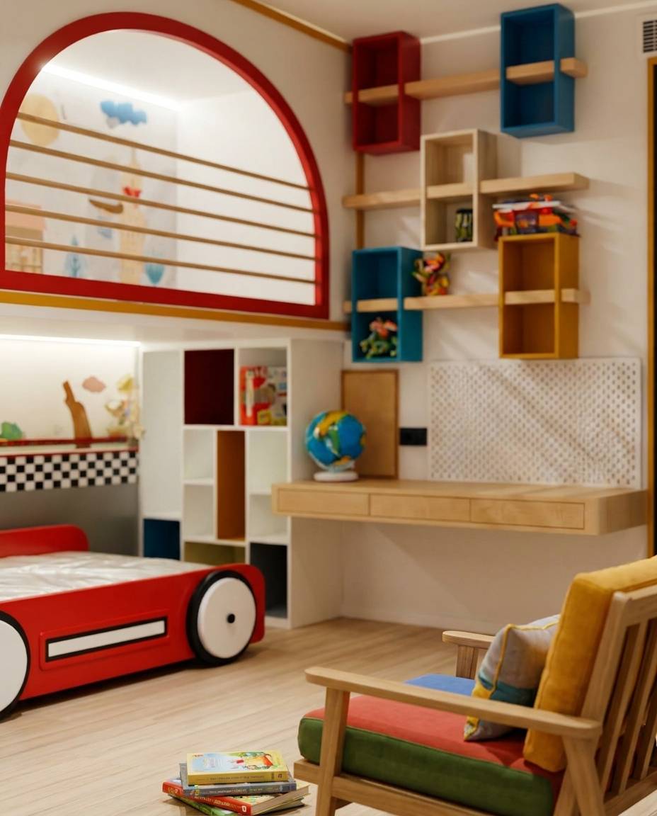 Custom kids bunk bed Dubai bedroom with a red car bed, wooden study desk and loft play area under a red arch.