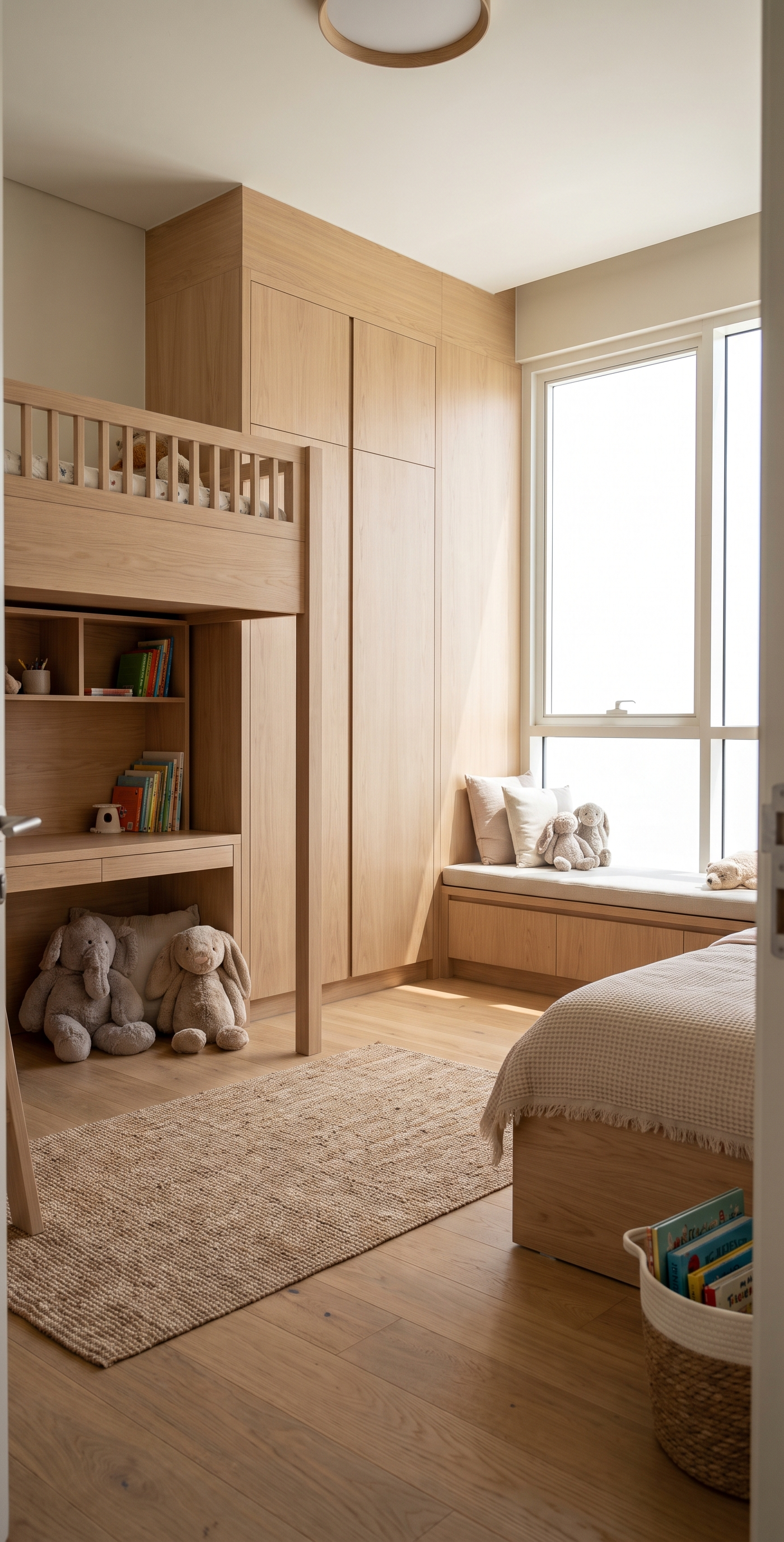 Custom kids loft bed with desk and built in storage in a light wood Dubai children's bedroom