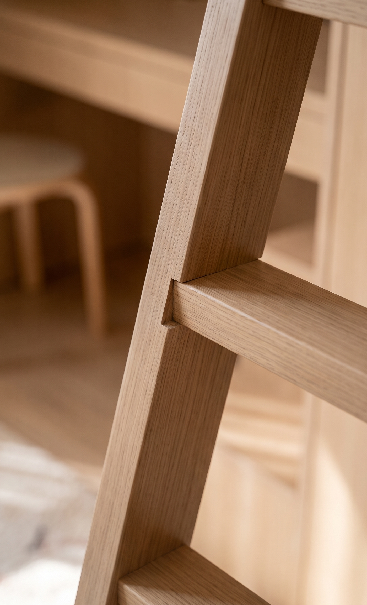 Precise light oak ladder joinery on a fitted kids loft bed in Dubai, with a modern study desk below