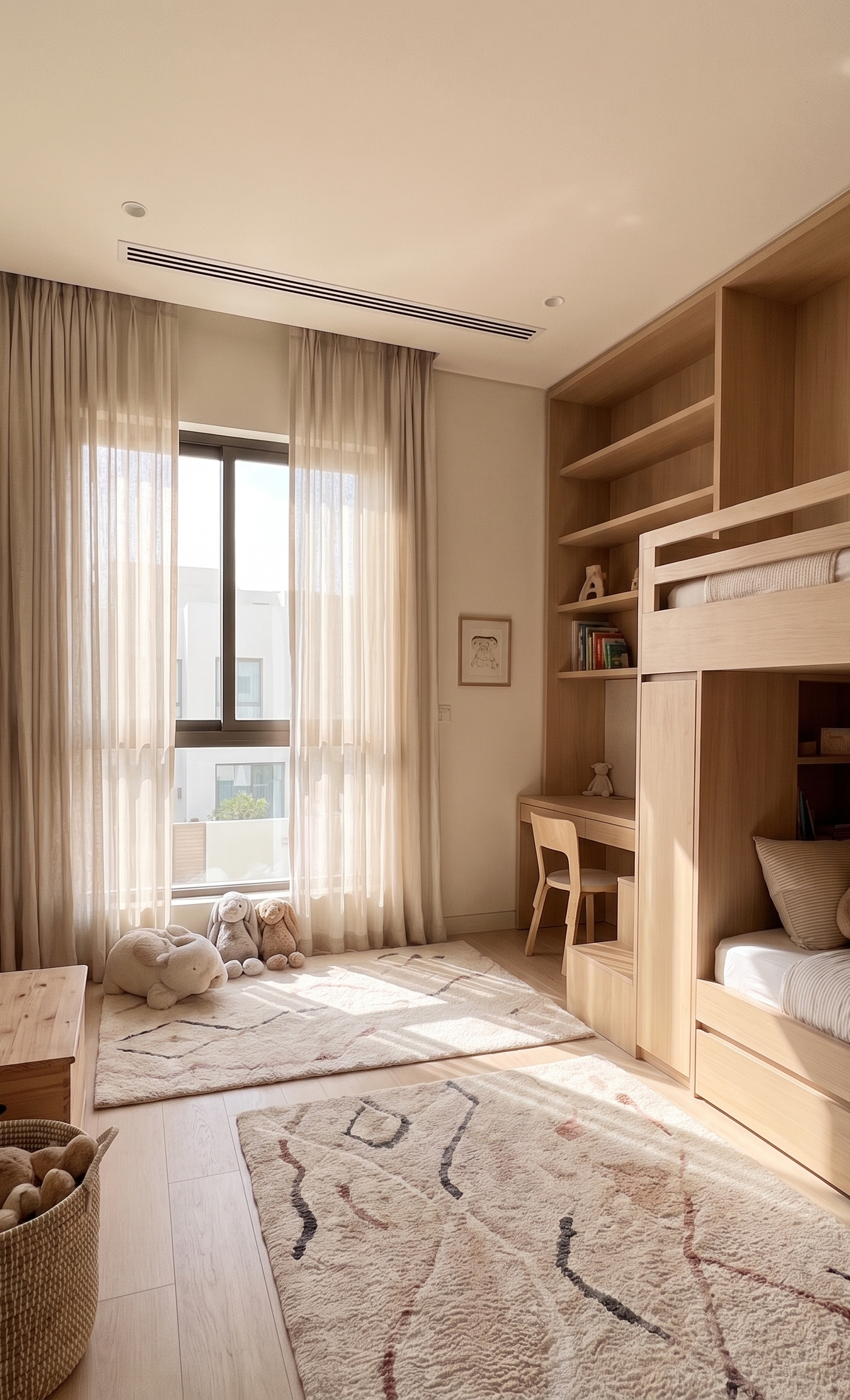 Custom light wood bunk bed with integrated shelving and desk in a bright Dubai children's bedroom