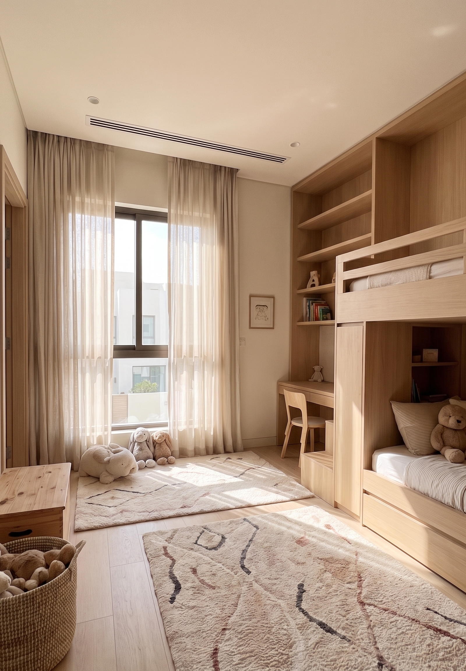 Custom built bunk bed with integrated desk for a children's bedroom