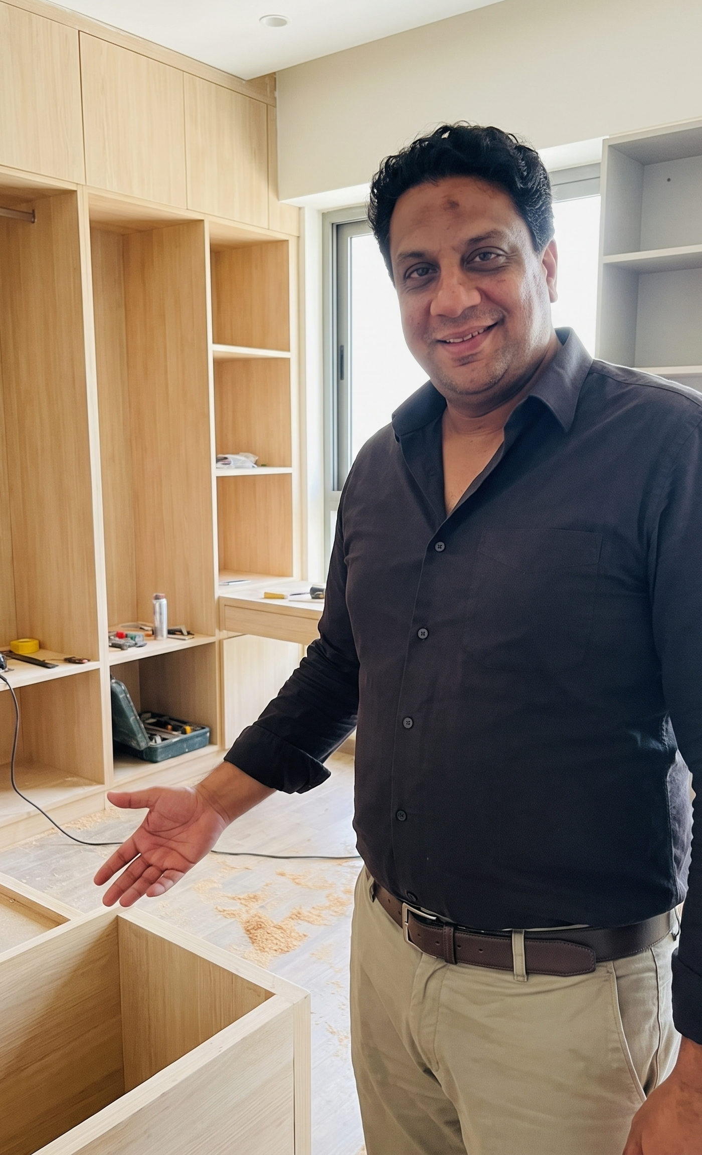 Noor al Sundus project manager reviewing newly installed light wood custom cabinetry during a kids <a href=