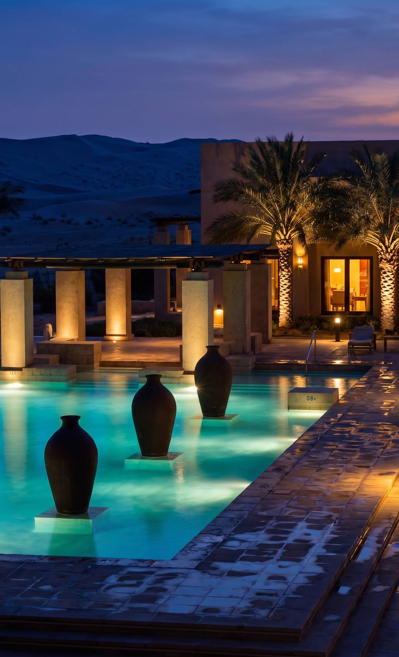 Desert resort pool glowing at twilight with palm trees and terracotta pots, part of the finished interiors Noor al Sundus fits out in Dubai