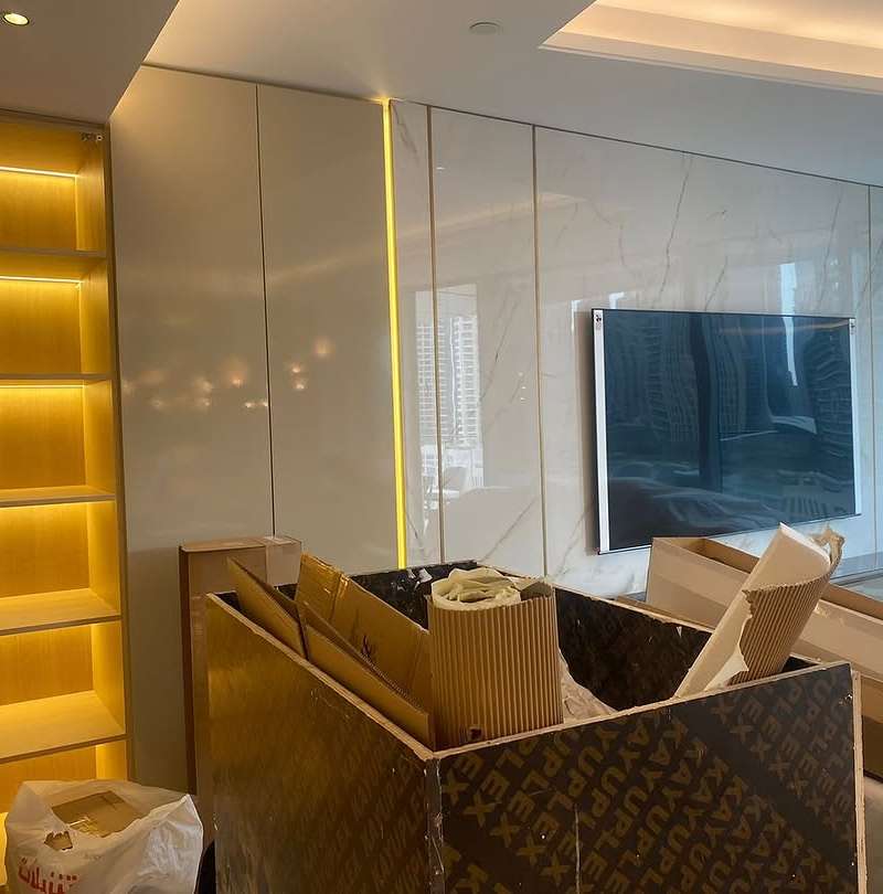 Luxury living space under renovation with marble wall