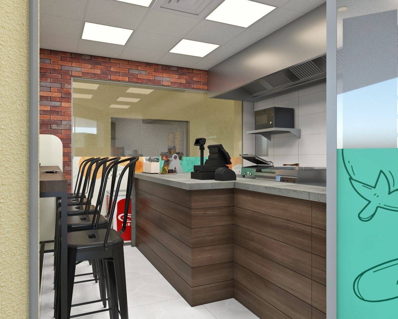 Commercial kitchen and cafe joinery with dark wood paneling, concrete look countertop and black metal bar stools