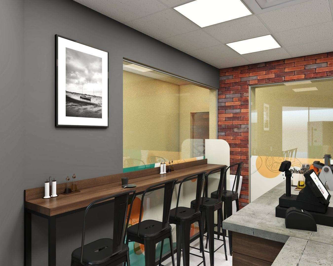Coffee bar with brick feature wall — commercial fit-out by Noor Al Sundus Contracting, Dubai