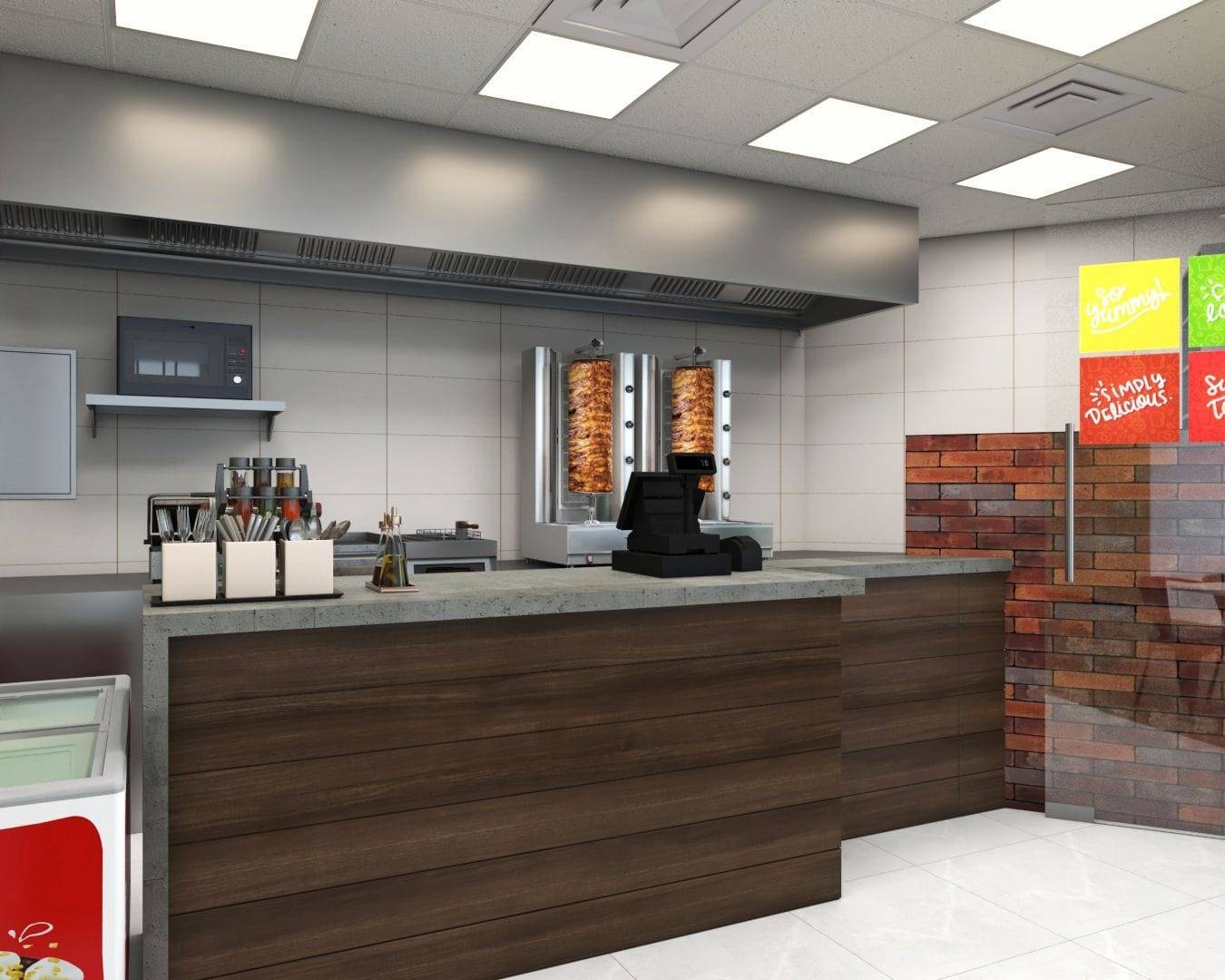 Quick-service kitchen and counter — commercial fit-out by Noor Al Sundus Contracting, Dubai
