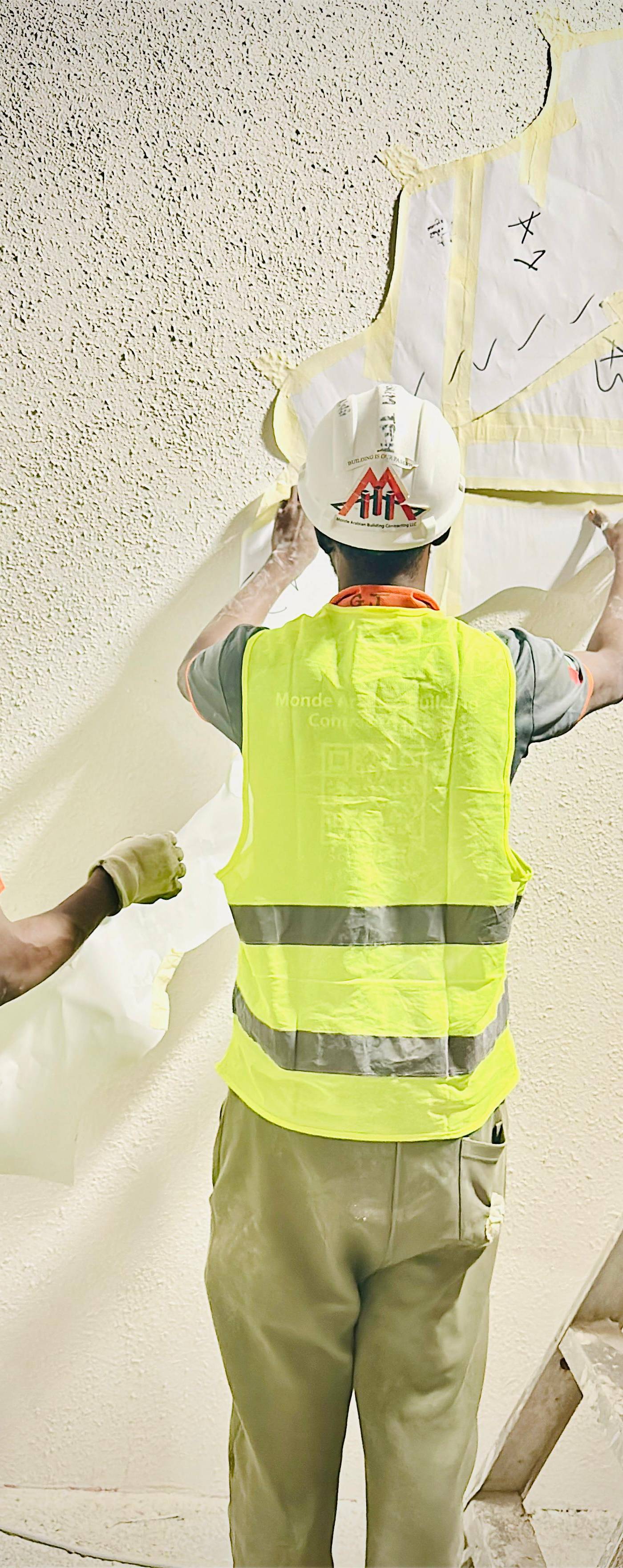 Construction workers in safety gear apply or remove paper templates on a textured cream wall during a renovation project.