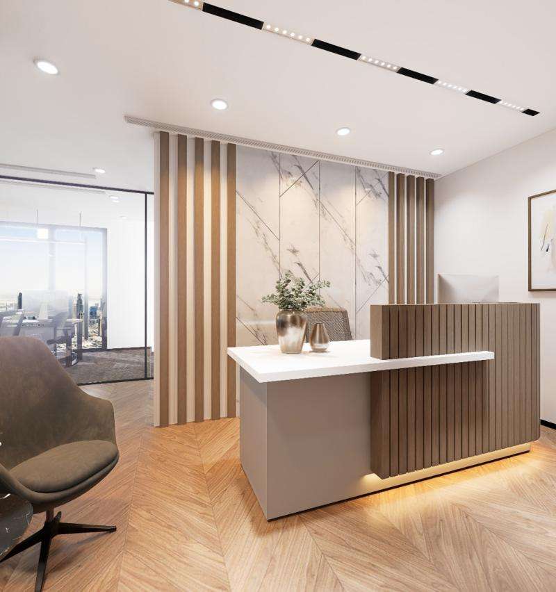 Modern office reception with wood slatted desk