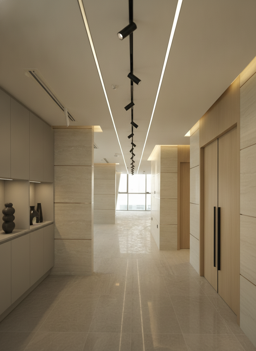 Modern office interior hallway fit out in Dubai with marble wall panels, linear LED lighting and integrated cabinetry leading to natural light