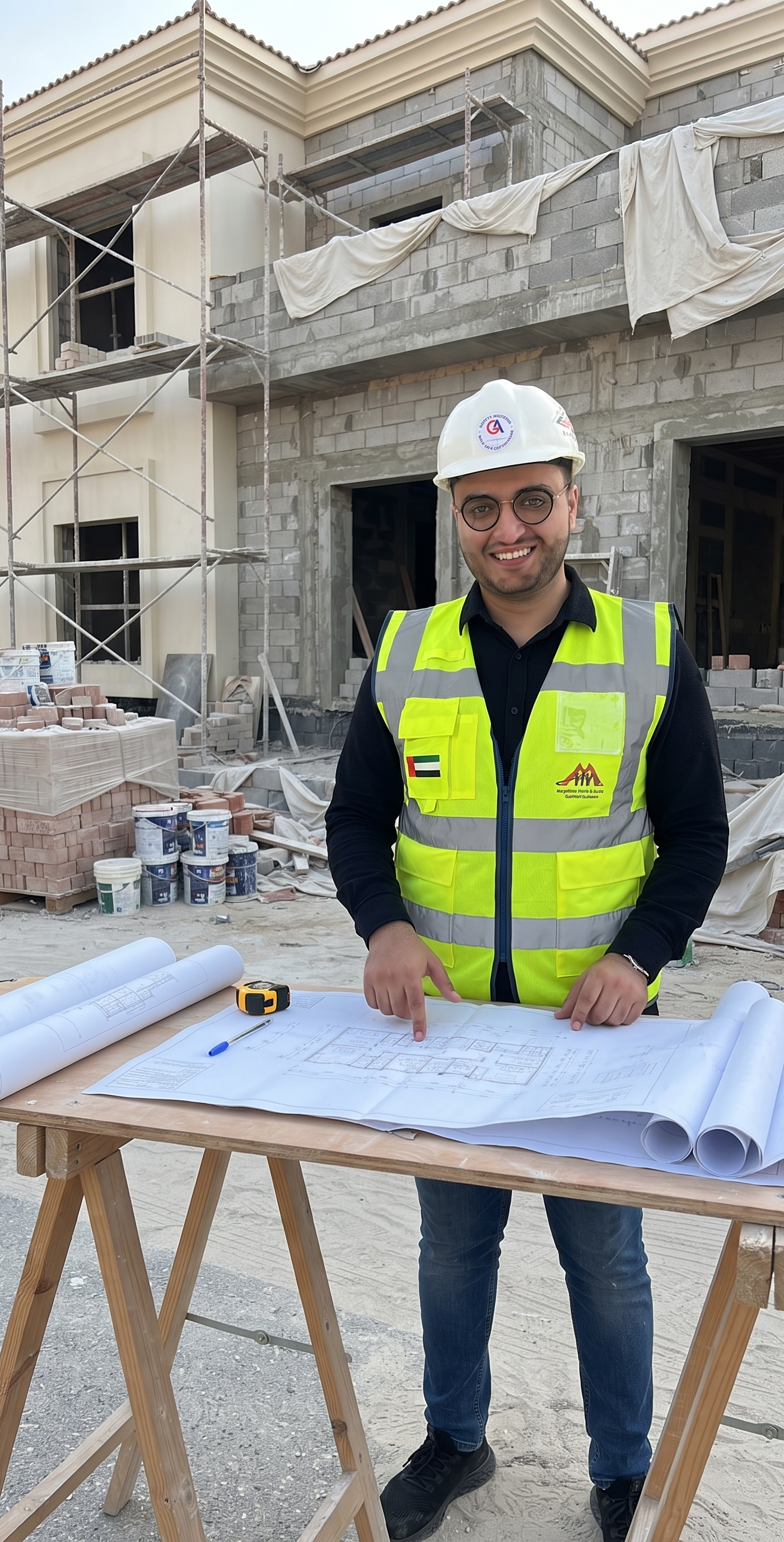 A smiling male engineer or architect, wearing a white hard hat and a high-visibility vest adorned with the UAE flag, stands confidently at a construction site, pointing at detailed blueprints laid out on a wooden table alongside rolled plans, a pen, and a measuring tape, with an unfinished building and various construction materials visible in the background.