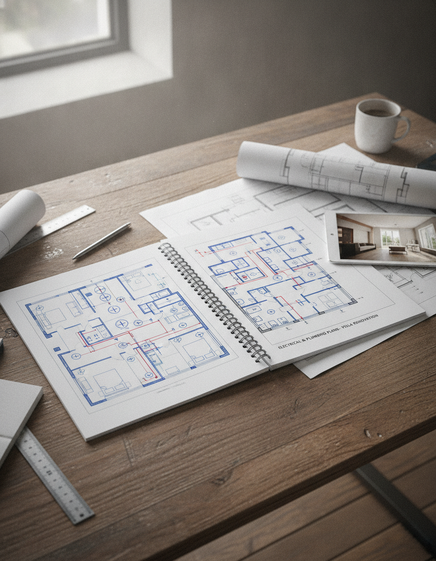 Detailed floor plans and digital rendering on an architect’s desk during an office fit out design phase in Dubai