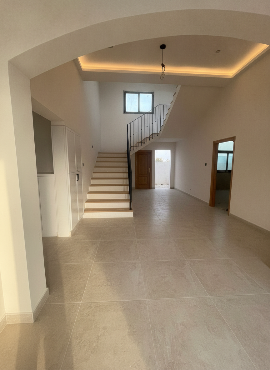 Monde hospitality fit out Dubai interior with light wood staircase, black metal railing and warm cove lighting