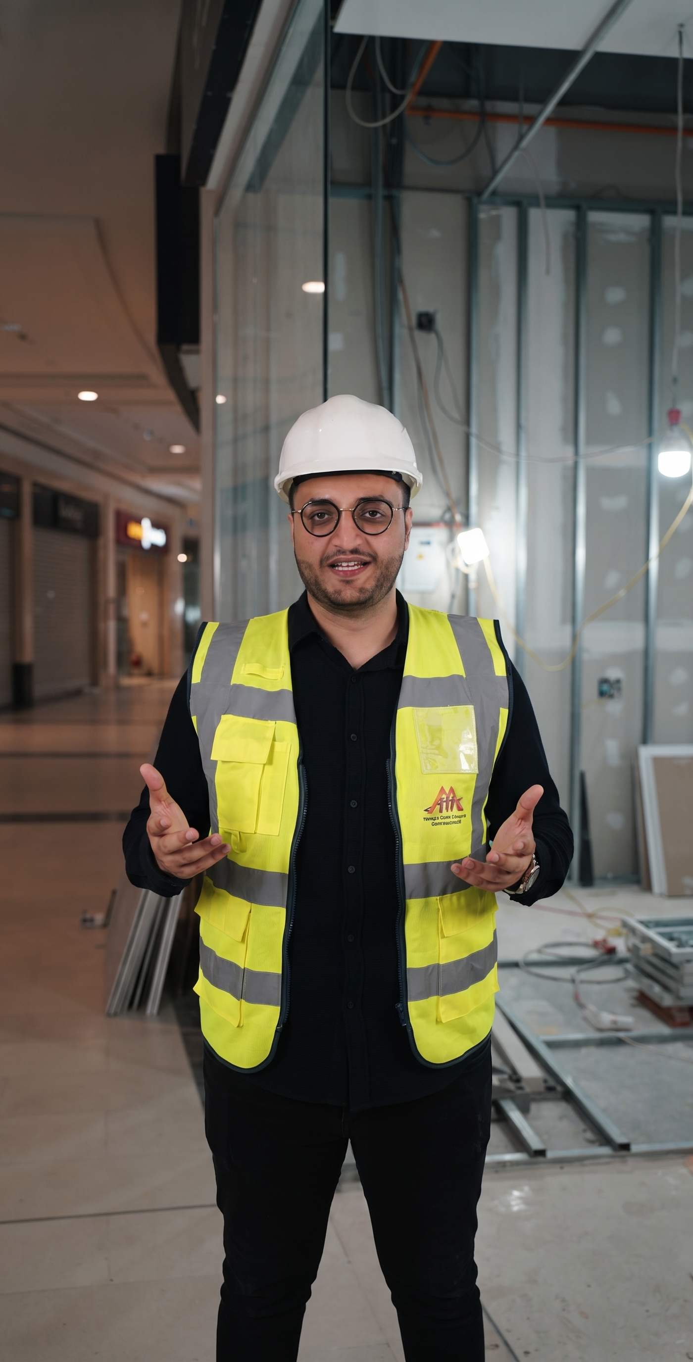 Monde project manager in a white hard hat and yellow safety vest standing on an office renovation Dubai site, exposed metal framing and electrical first fix on the right, a mall corridor with closed shops behind him