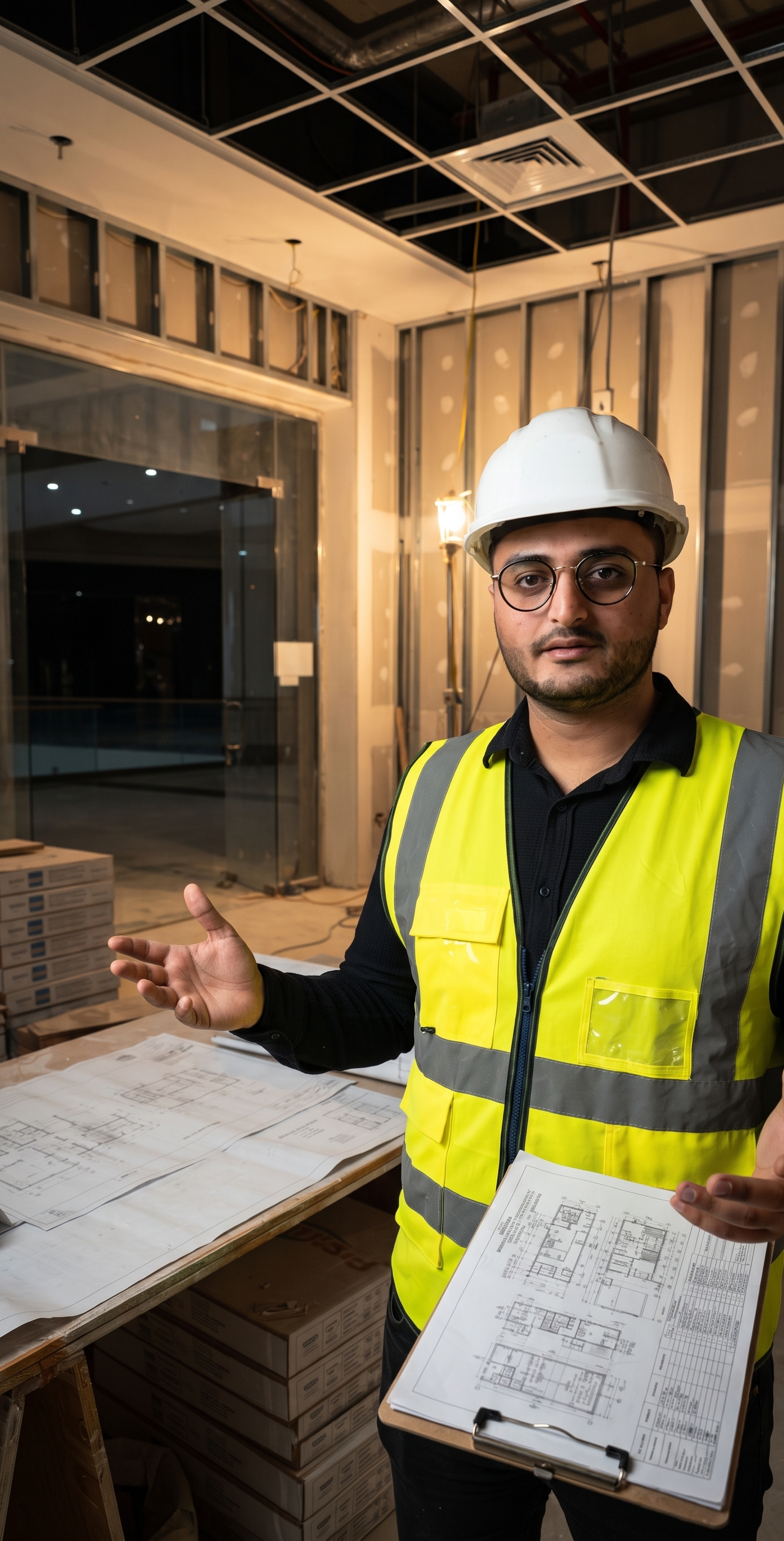 Confident Monde project manager in a white hard hat and high visibility vest facing the camera on a commercial <a href=