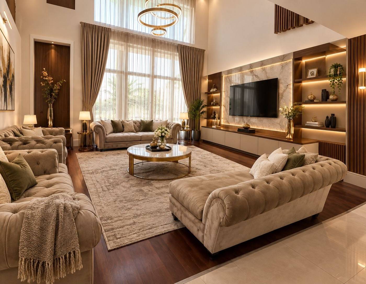 Modern luxury living room by Monde with high ceilings, sheer drapes, a neutral palette with gold and olive green, marble-clad TV wall and plush tufted seating.