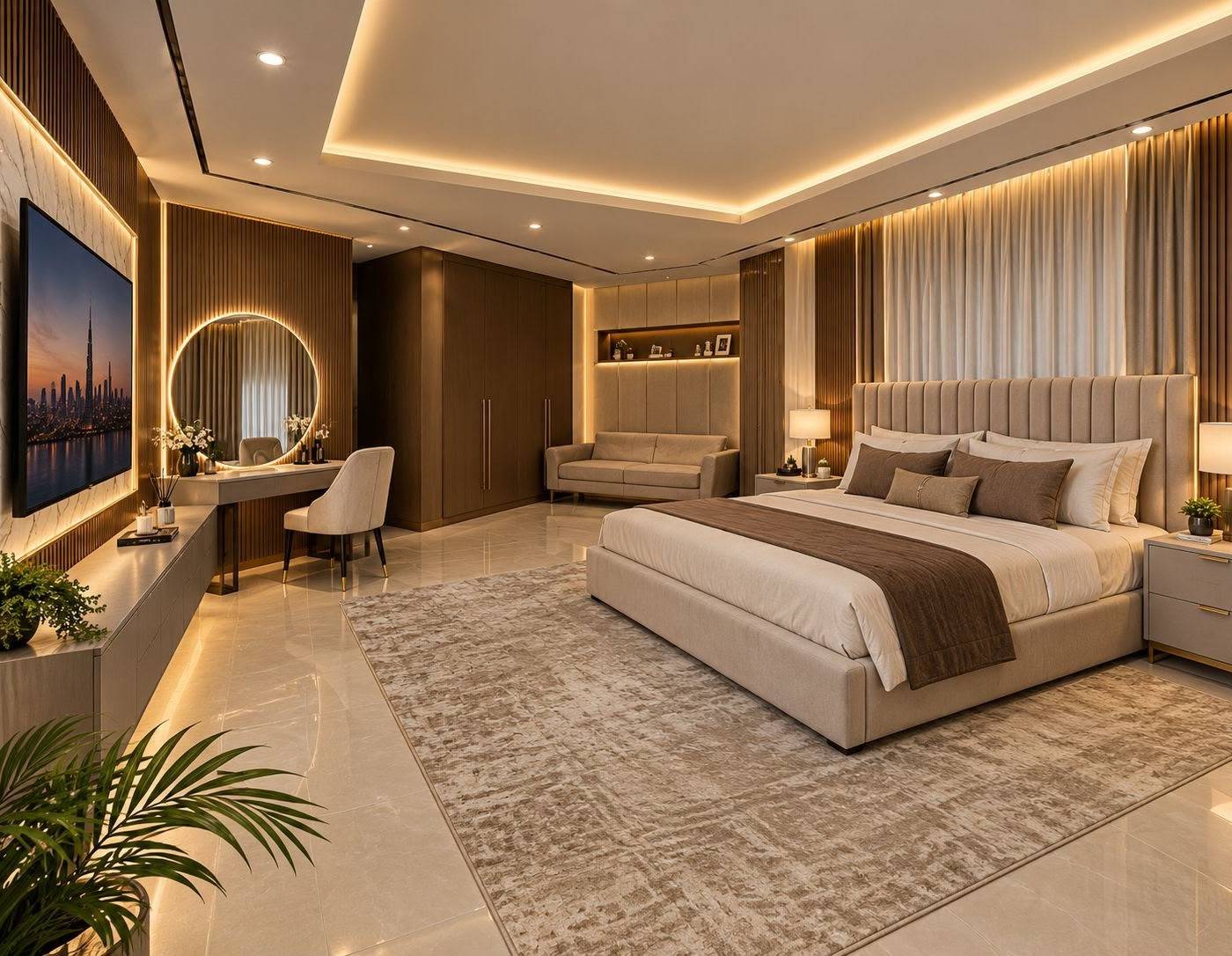 Completed bedroom by Monde with a large upholstered bed, vanity area and round illuminated mirror, wall mounted TV on a marble accent panel and full height wood panelling under warm ambient light