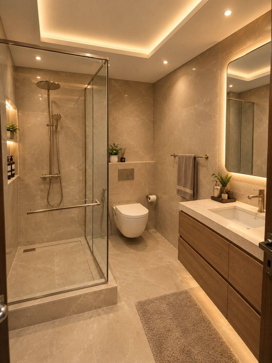 Modern bathroom by Monde with marble-look tiles, floating wooden vanity, glass walk-in shower and warm recessed and cove lighting with a backlit mirror.