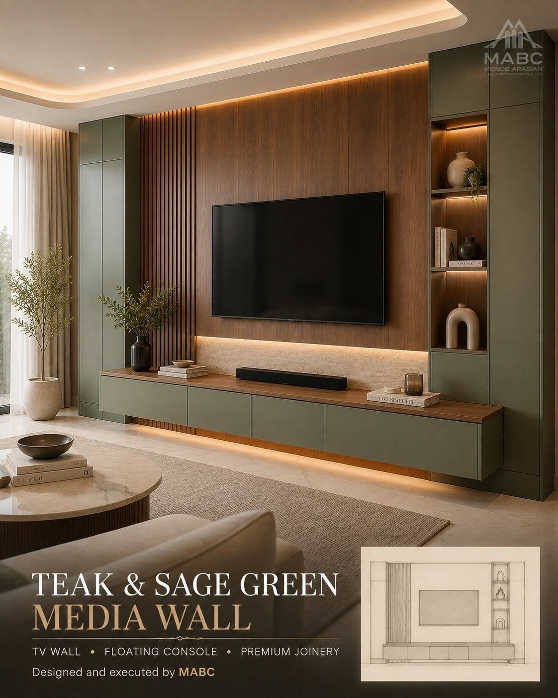 Modern living room with teak and sage green media wall, floating console, built-in shelving and LED lighting by Monde
