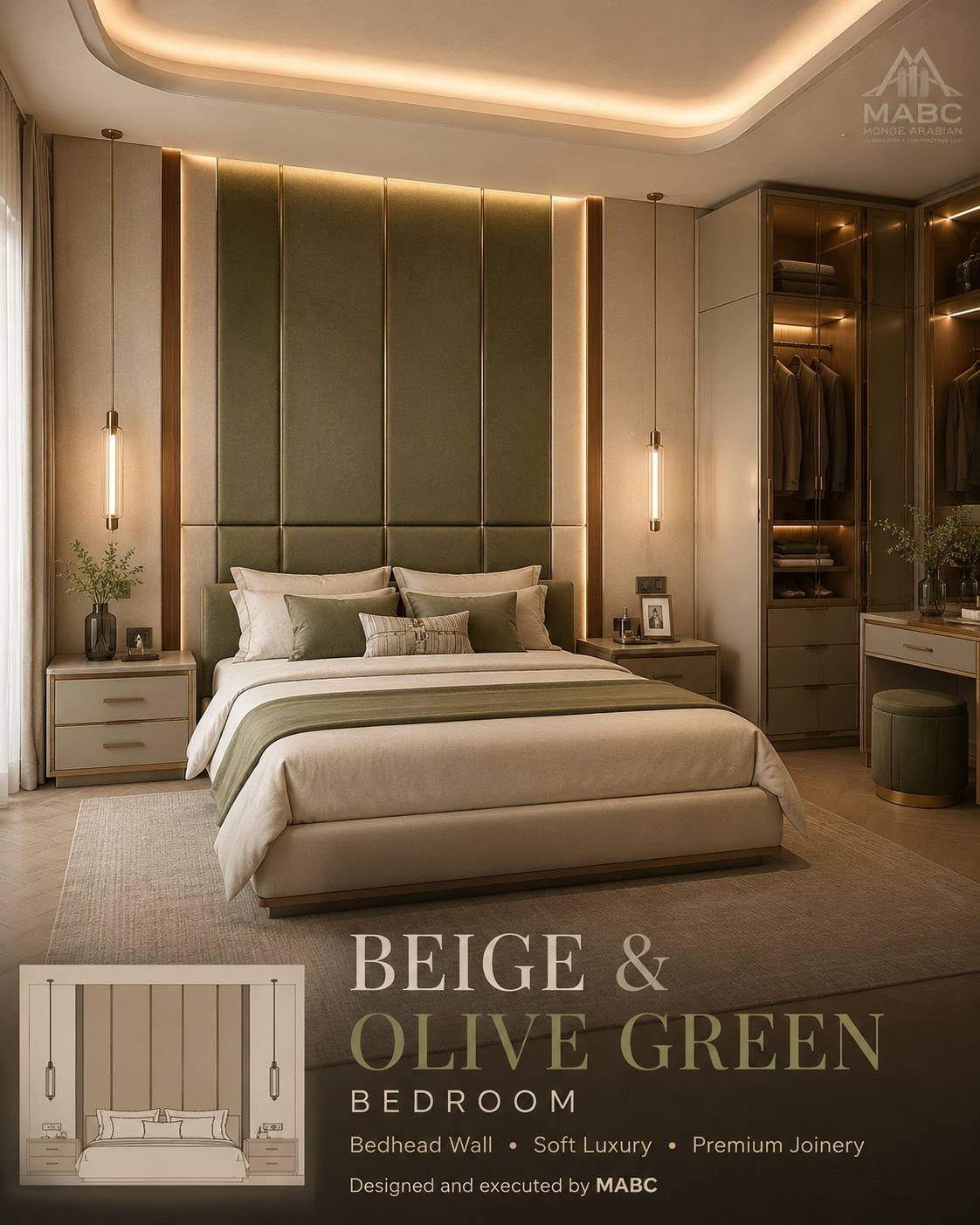 Olive green upholstered bedroom with integrated lighting and glass door wardrobe by Monde, showing the custom joinery quality used in a Cat B <a href=