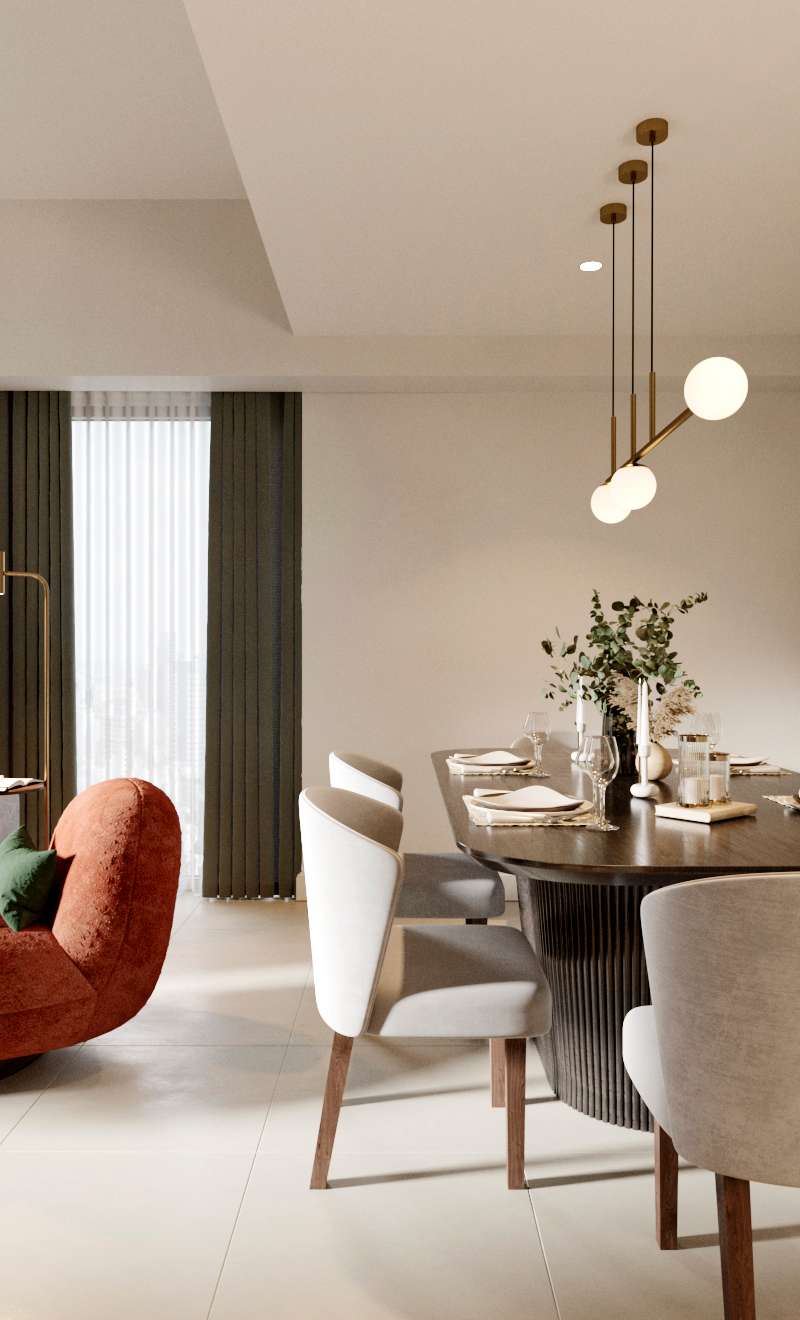 Open plan living and dining area with modern furniture