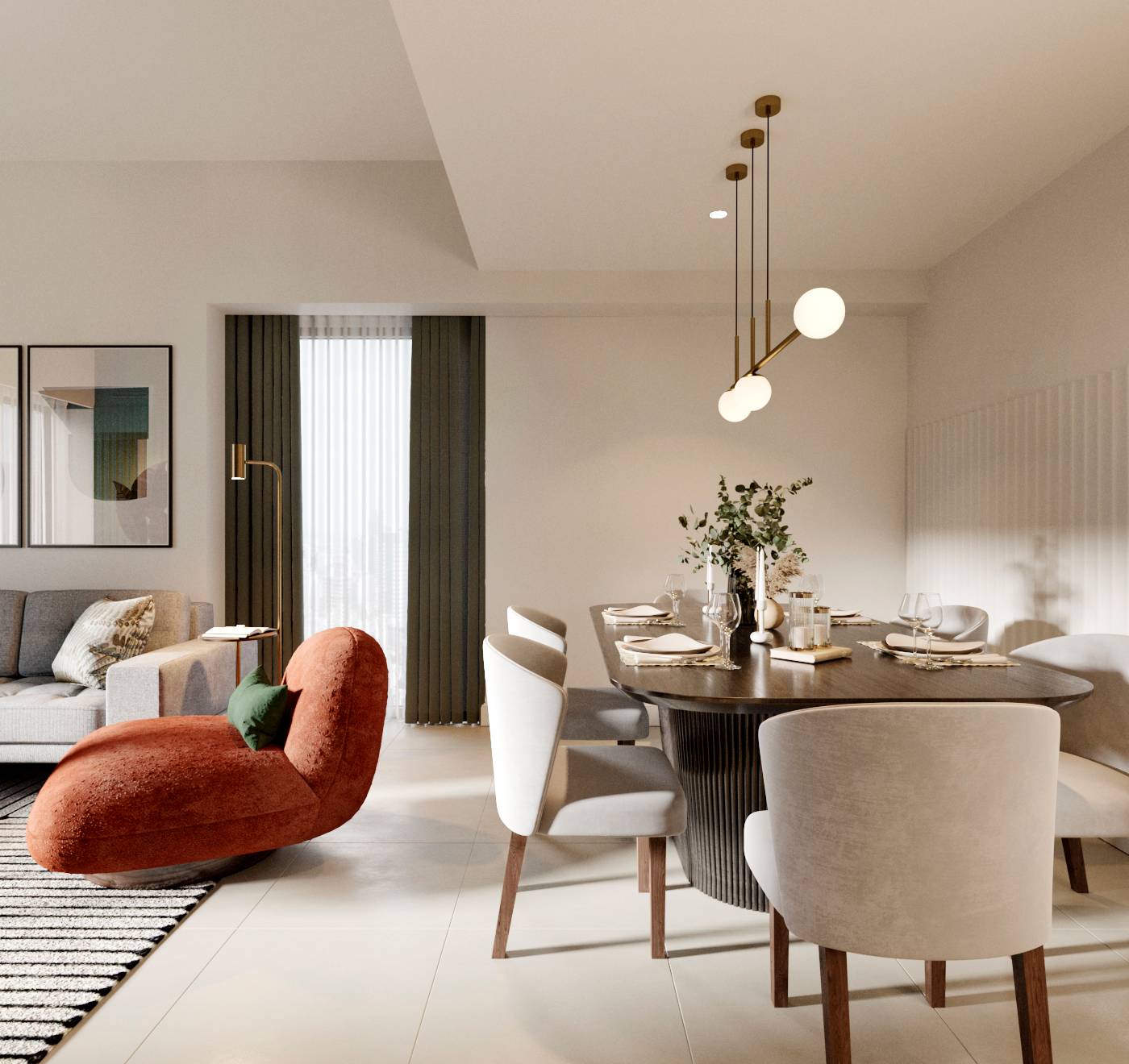 Sophisticated open-plan living and dining area with grey sectional sofa, rust-colored chaise lounge, and oval dark wood dining table