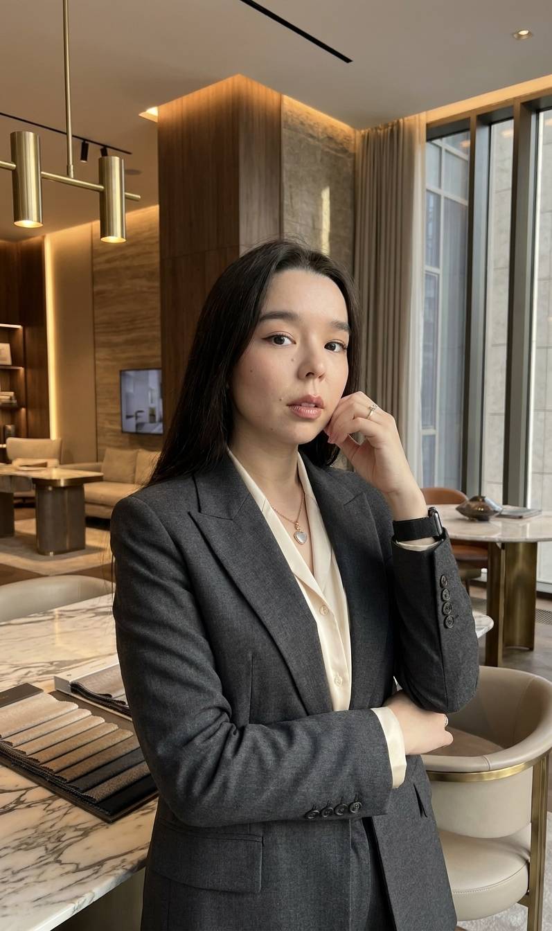 Professional woman in dark grey suit posing confidently in a luxury interior design showroom with marble countertops and wood paneling
