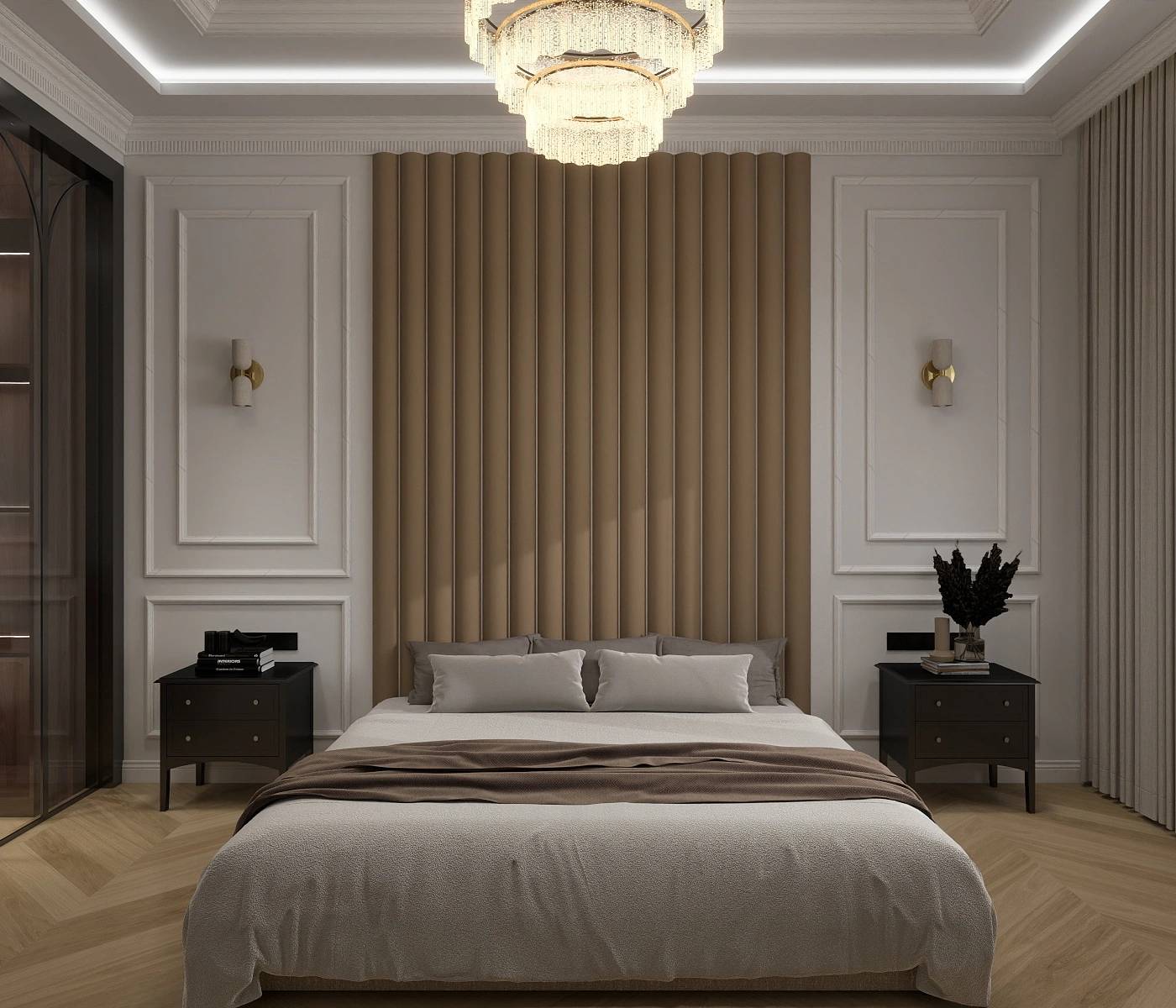 Luxurious bedroom with fluted upholstered headboard, crystal chandelier, dark wood nightstands, and herringbone wood floor