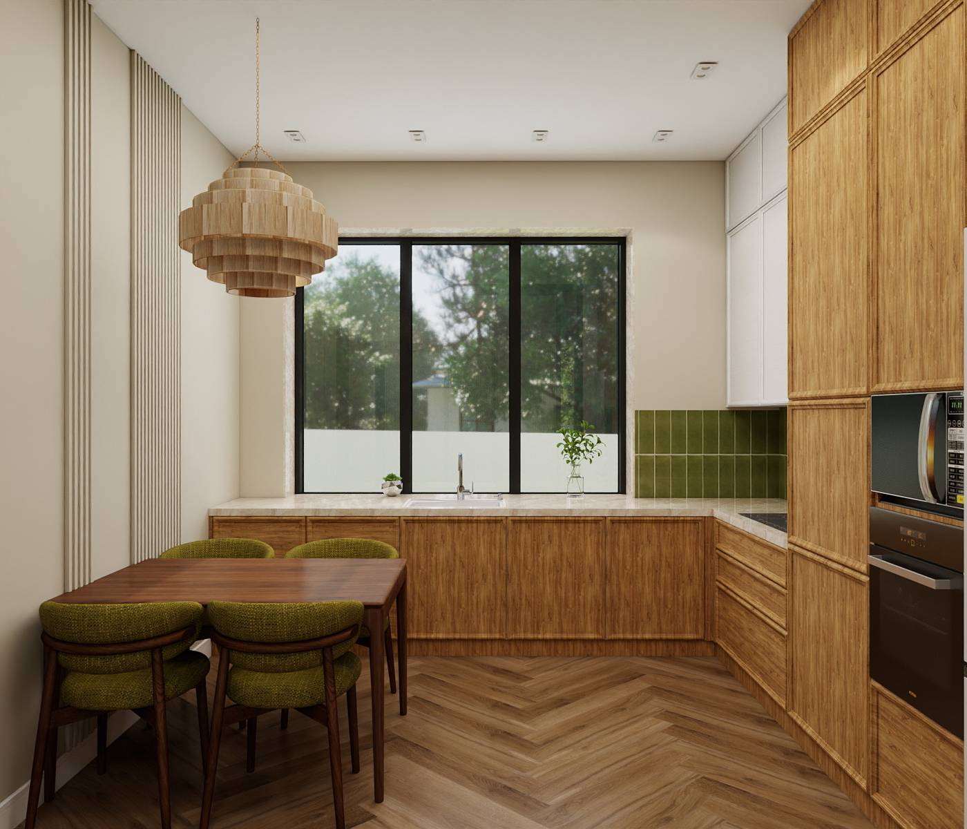 Modern kitchen and integrated dining area with warm natural wood cabinetry, green tiled backsplash, herringbone wood floor