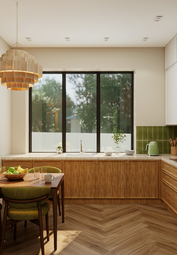 Modern kitchen with warm wood cabinetry and dining