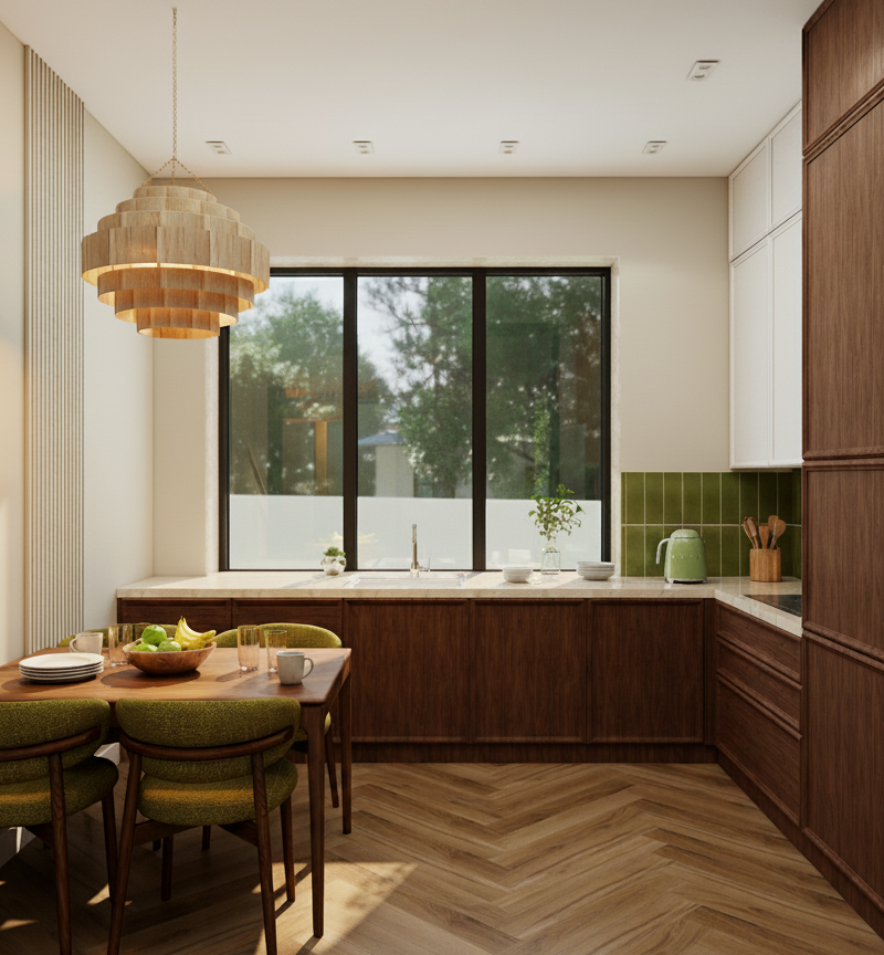 Modern kitchen renovation with dark wood and green tile backsplash
