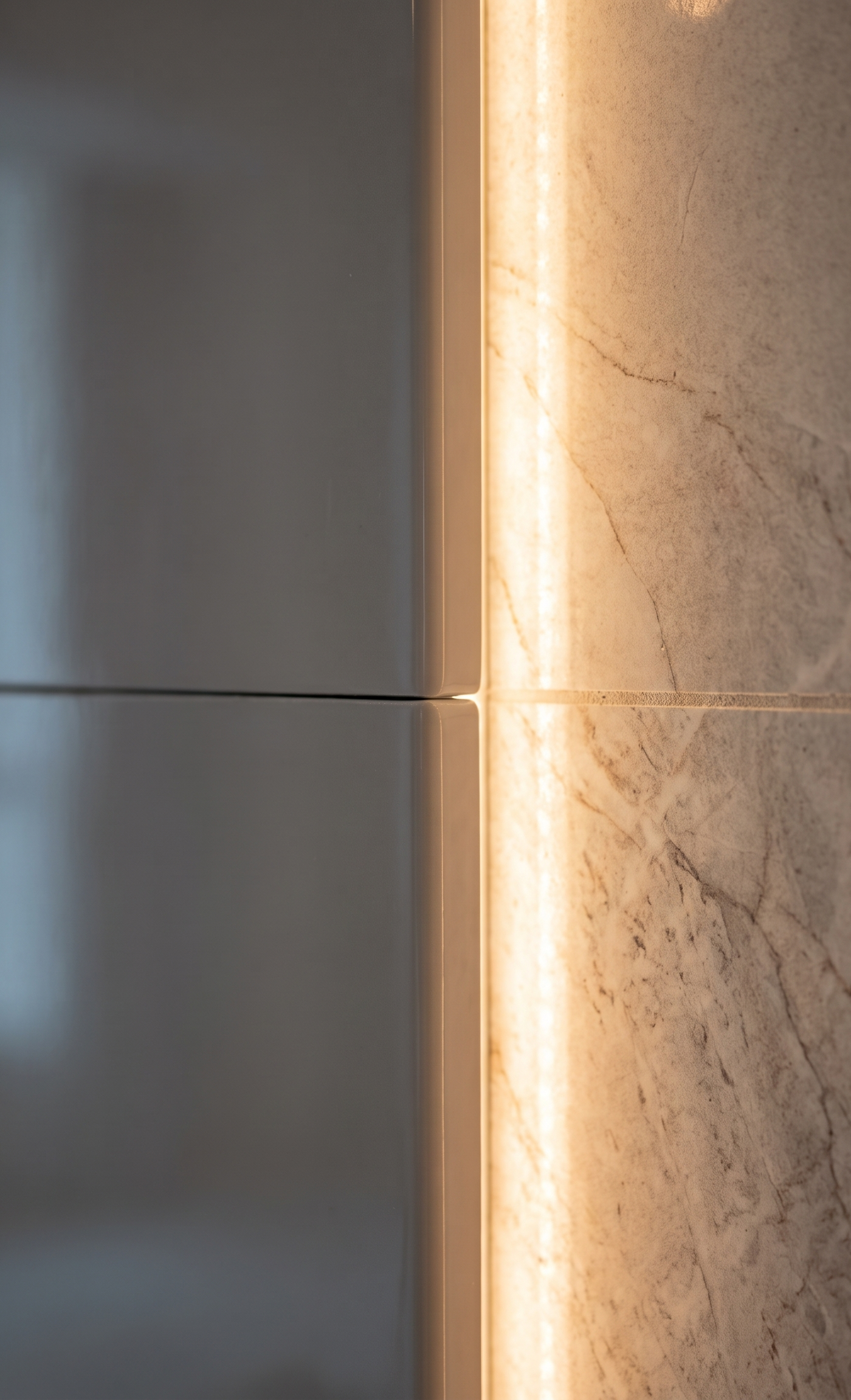 Close-up detail of smooth light panels and veined marble with a warm LED strip, part of the finish standard behind a villa kitchen renovation in Arabian Ranches