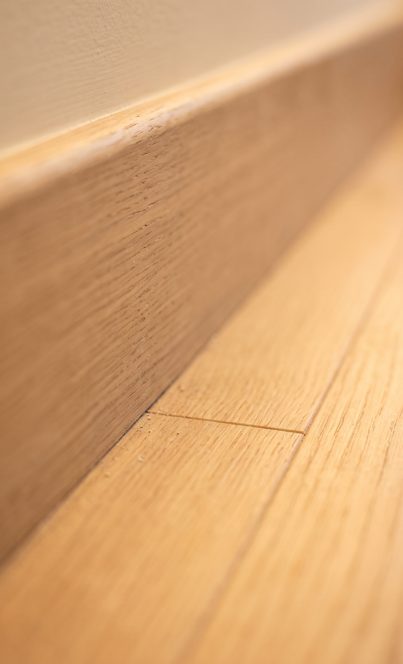 Light oak hardwood flooring and matching skirting board in a villa renovation detail