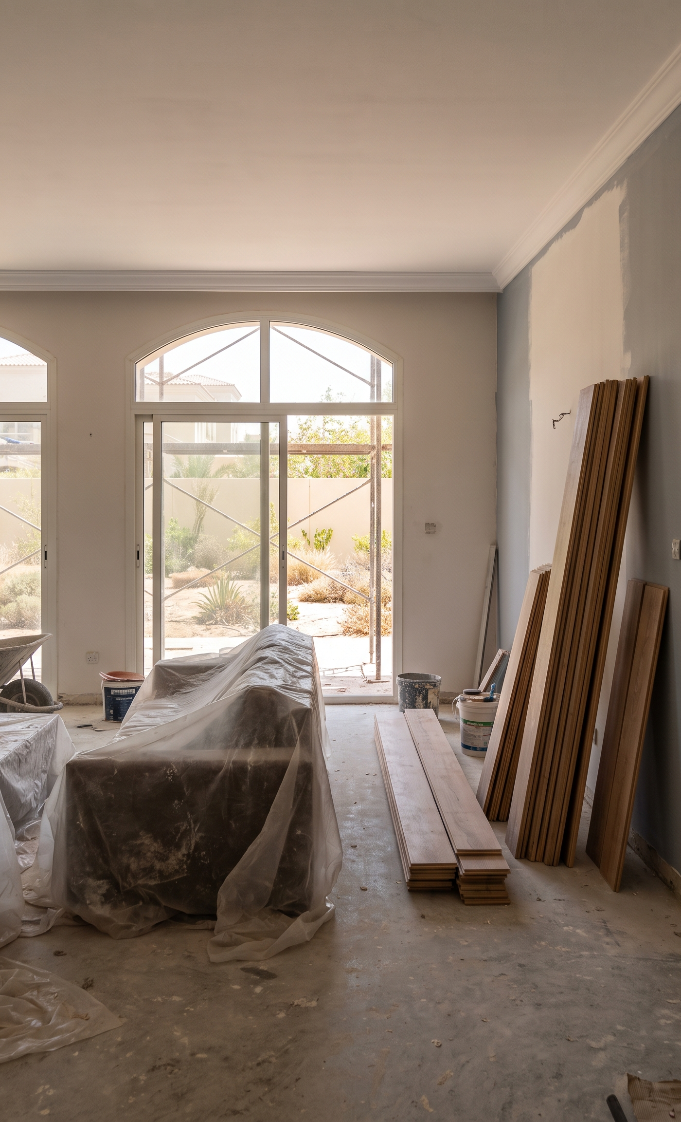 Interior of a Dubai living room during a turnkey villa renovation with arched sliding doors, new floorboards and covered furniture
