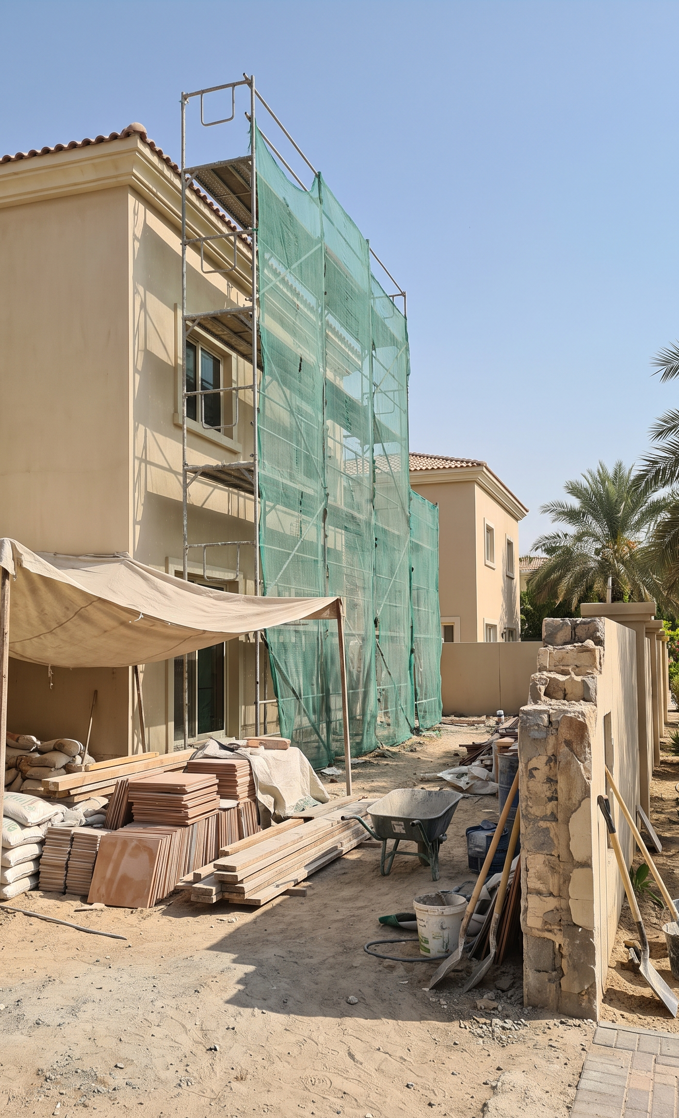 Active villa renovation Arabian Ranches site showing a beige villa with green safety netting, stacked tiles and wood, and construction tools under a bright blue sky