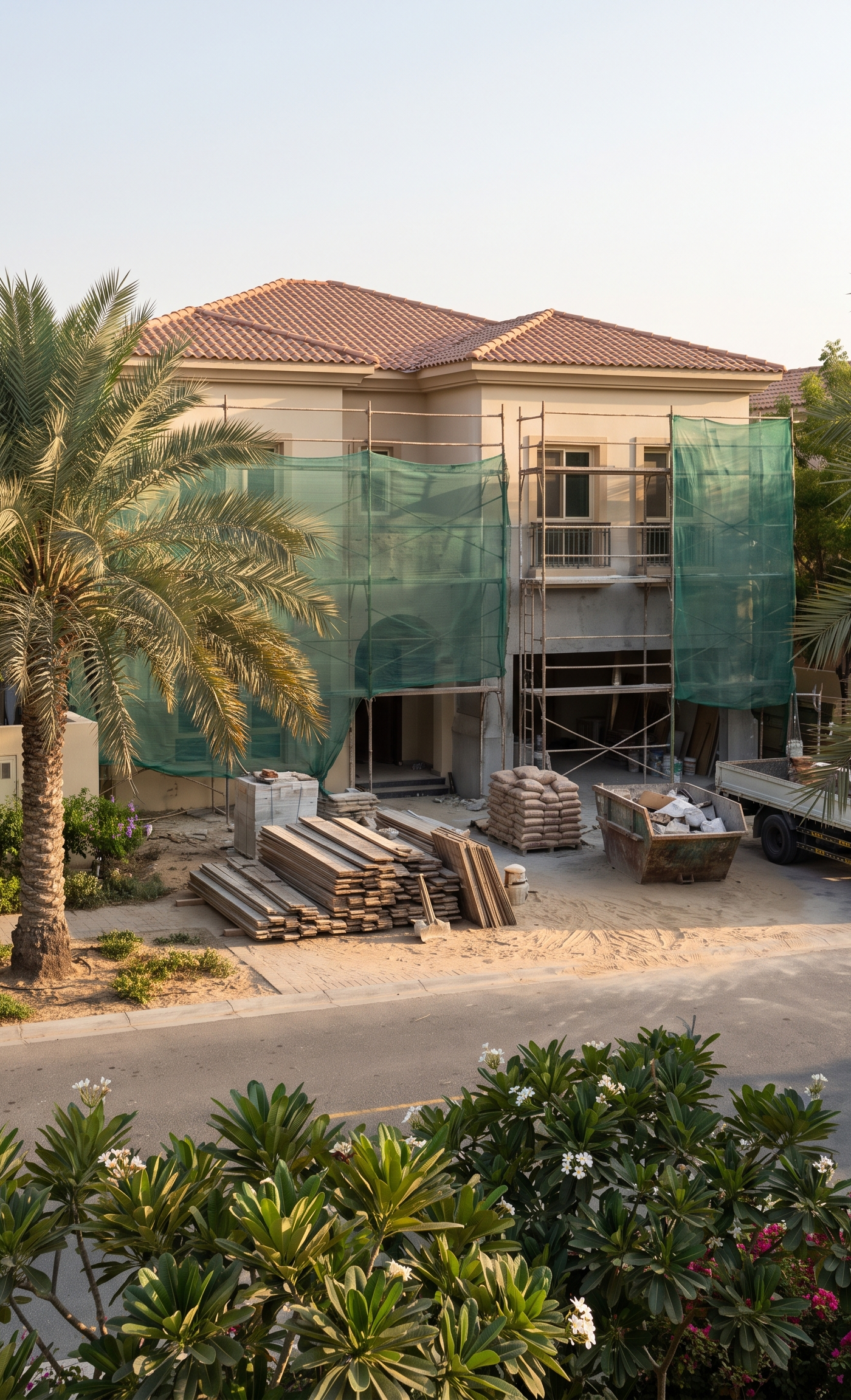 Wide exterior view of an Arabian Ranches villa during a villa bathroom renovation with scaffolding, green safety netting and building materials in a sunny Dubai neighbourhood