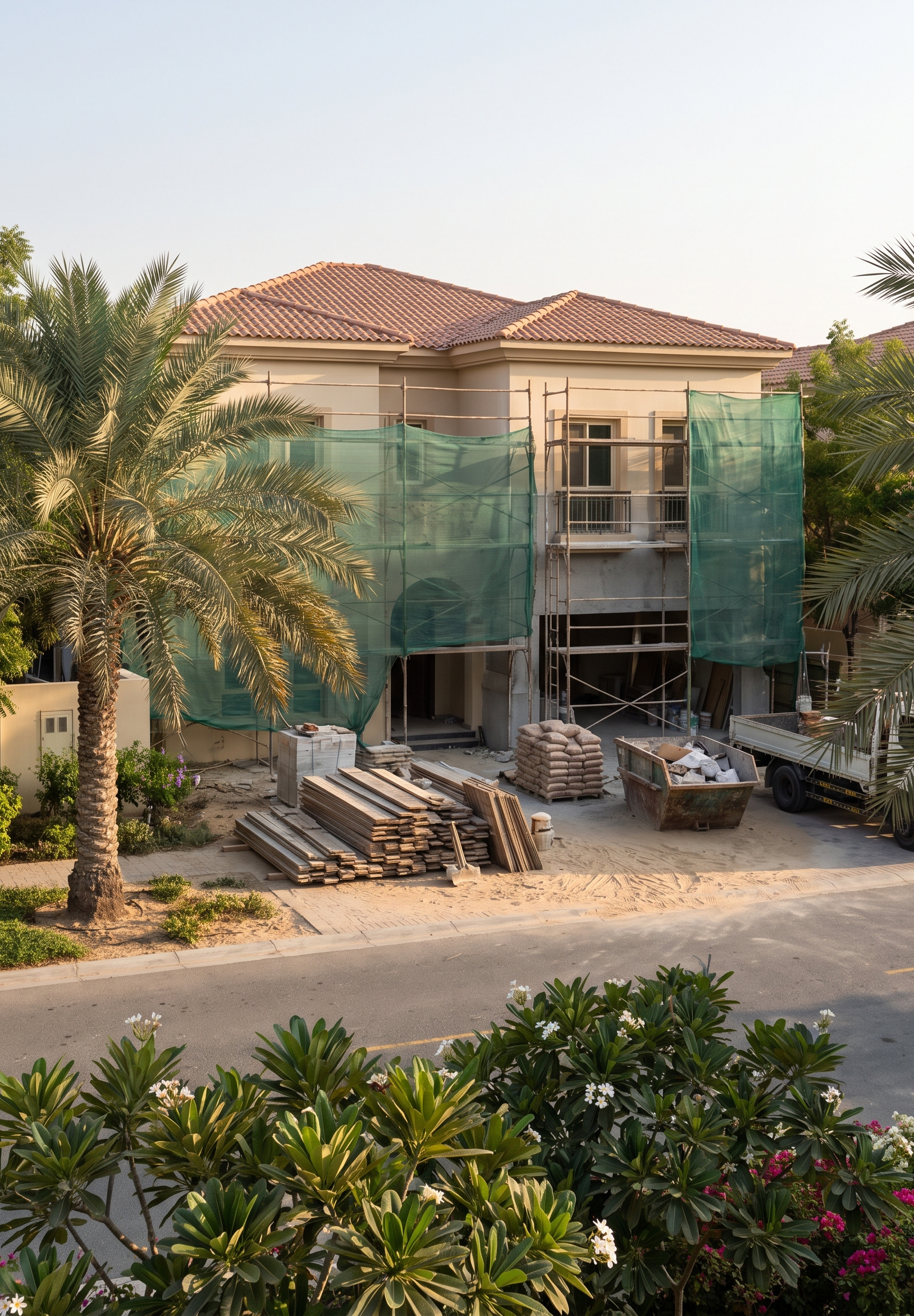 Modern villa under renovation in Dubai with scaffolding