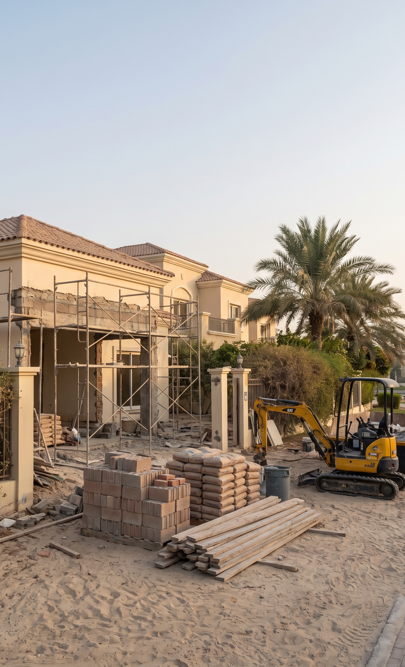 Villa renovation Arabian Ranches exterior with scaffolding, building material stacks, compact excavator, and palm trees at golden hour beside a canal