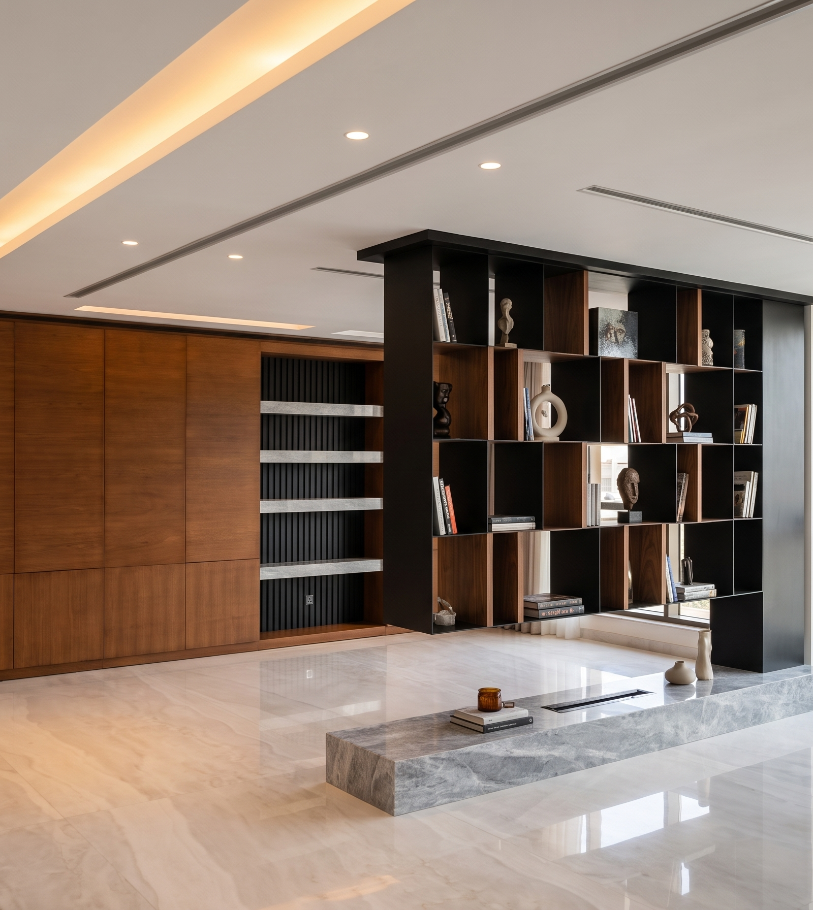 Villa living room with a black and walnut grid room divider and a grey marble bench