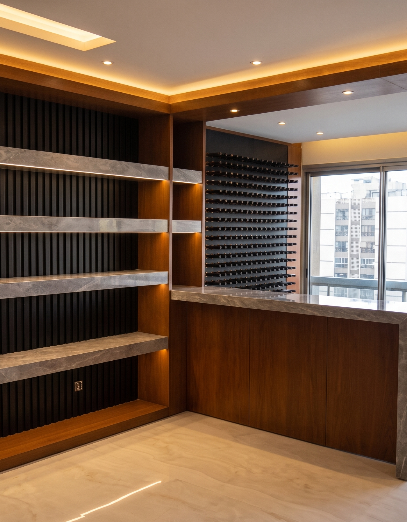 Freshly renovated Dubai villa living space with custom built in bar and display unit, wine rack, LED lit grey marble shelves, warm wood cabinetry and floor to ceiling windows with a city view