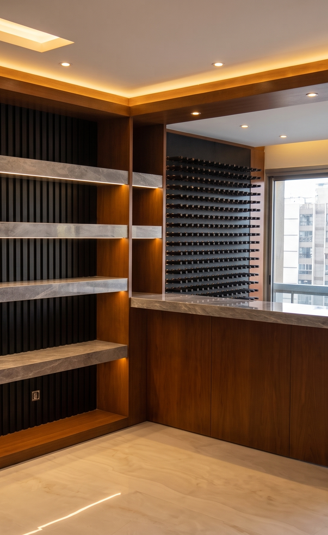 Built-in bar with LED-lit grey marble shelves and a full-height wine rack